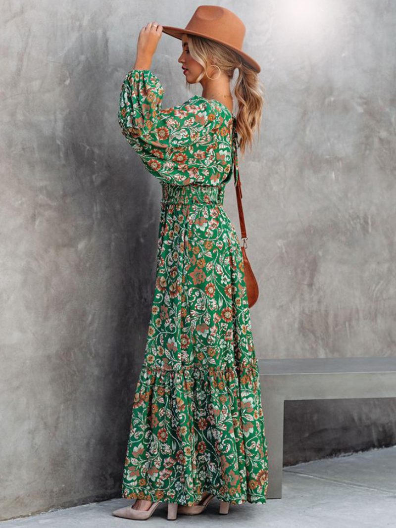 Robe Longue Pour Femmes Col V Manches Longues Imprimé Floral Décontracté Longueur Au Sol - Vert