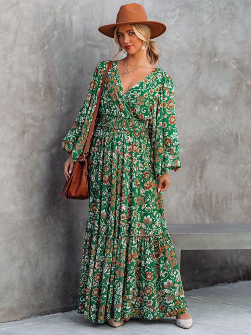 Robe Longue Pour Femmes Col V Manches Longues Imprimé Floral Décontracté Longueur Au Sol - Vert