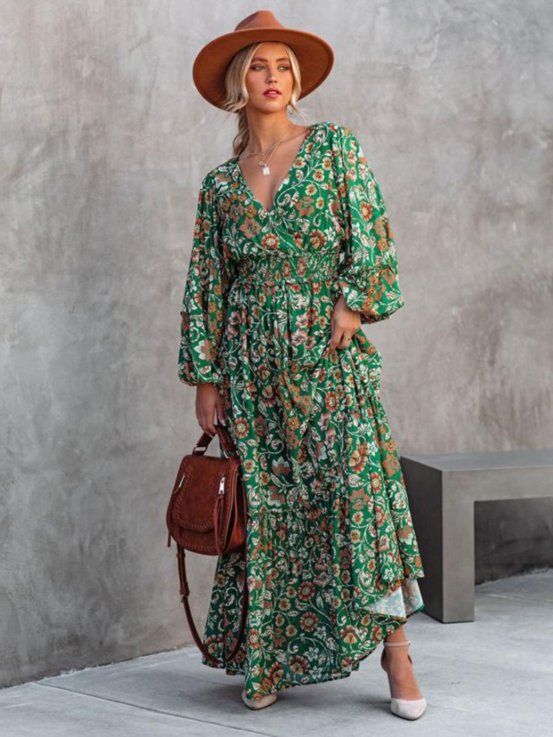 Robe Longue Pour Femmes Col V Manches Longues Imprimé Floral Décontracté Longueur Au Sol - Vert