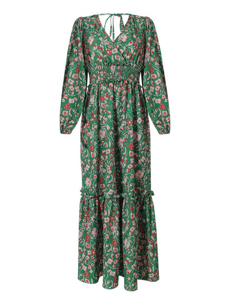 Robe Longue Pour Femmes Col V Manches Longues Imprimé Floral Décontracté Longueur Au Sol - Vert