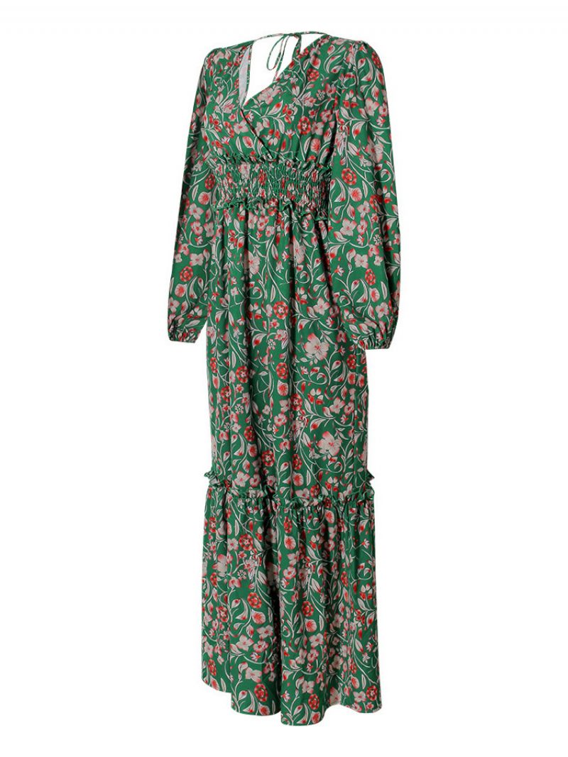 Robe Longue Pour Femmes Col V Manches Longues Imprimé Floral Décontracté Longueur Au Sol - Vert