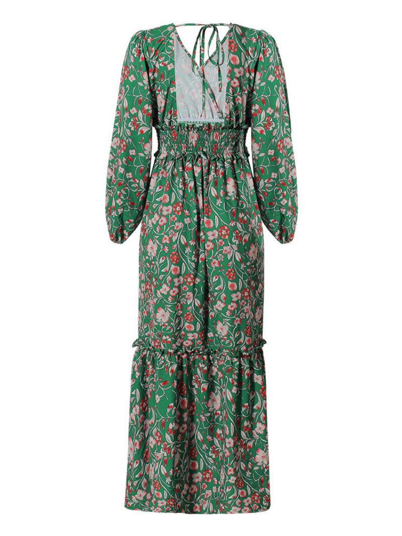 Robe Longue Pour Femmes Col V Manches Longues Imprimé Floral Décontracté Longueur Au Sol - Vert