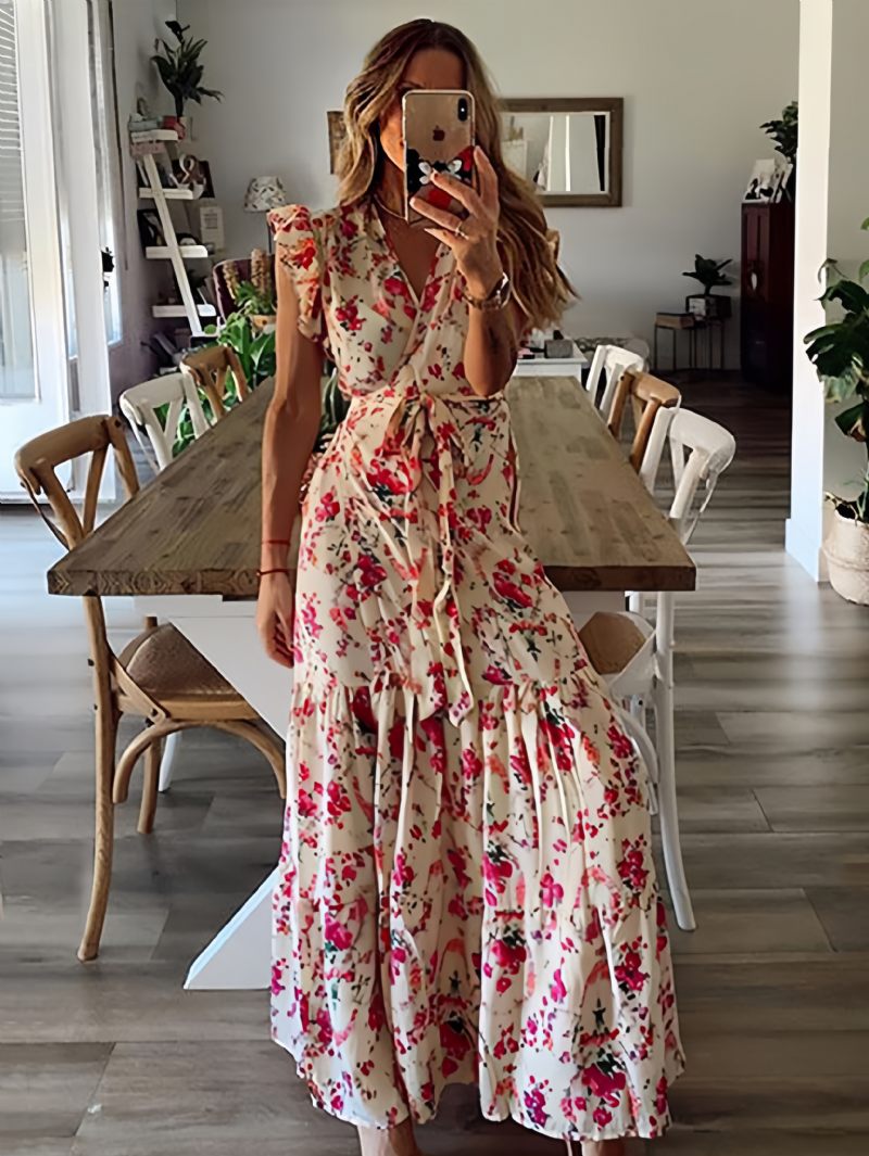 Robe Longue Pour Femmes Col V Sans Manches À Lacets Volants Plissés Imprimé Floral Maxi Extensible