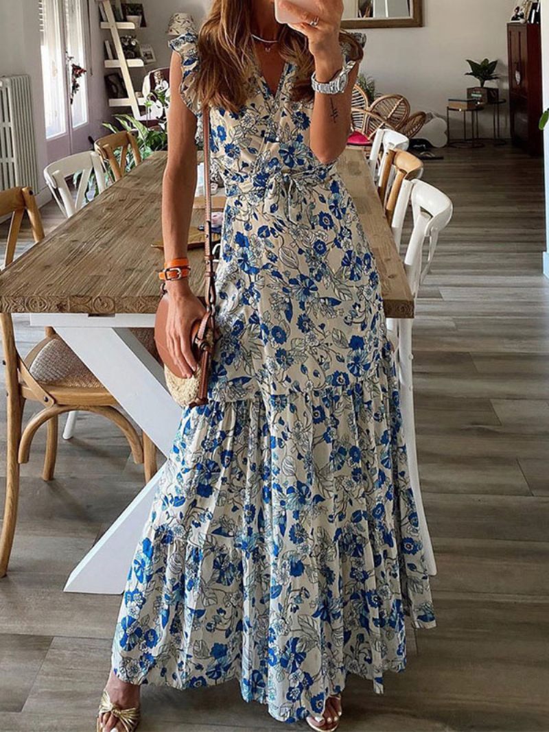 Robe Longue Pour Femmes Col V Sans Manches À Lacets Volants Plissés Imprimé Floral Maxi Extensible - Bleu