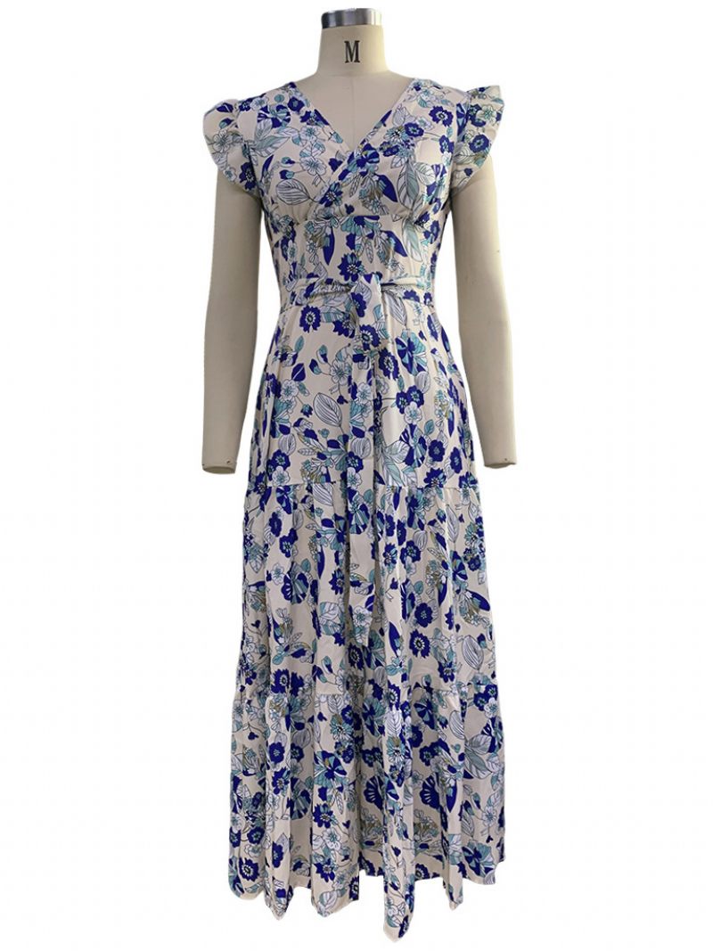 Robe Longue Pour Femmes Col V Sans Manches À Lacets Volants Plissés Imprimé Floral Maxi Extensible - Bleu