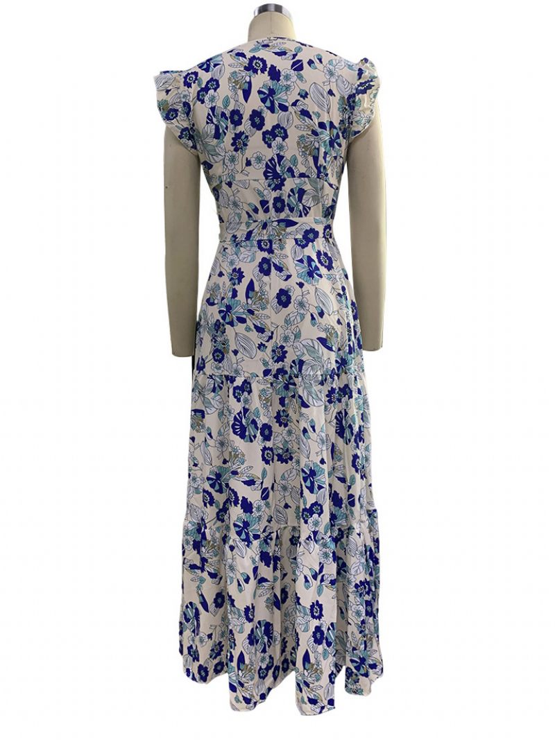 Robe Longue Pour Femmes Col V Sans Manches À Lacets Volants Plissés Imprimé Floral Maxi Extensible - Bleu