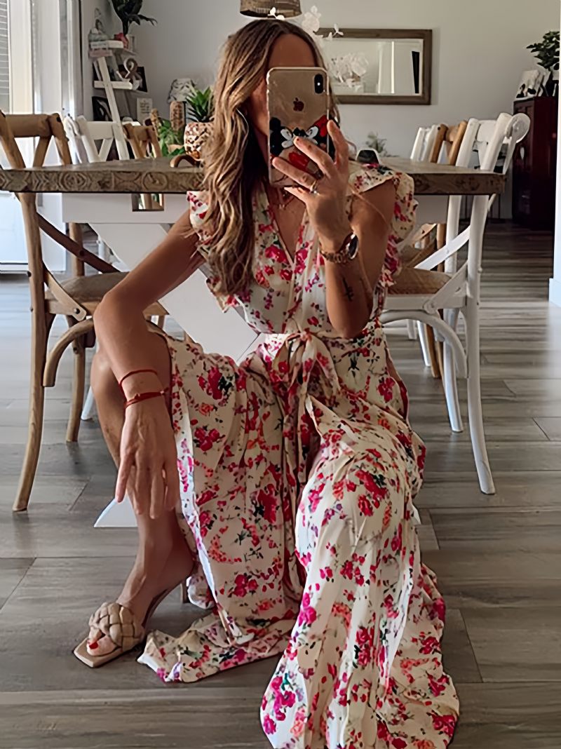 Robe Longue Pour Femmes Col V Sans Manches À Lacets Volants Plissés Imprimé Floral Maxi Extensible - Rose