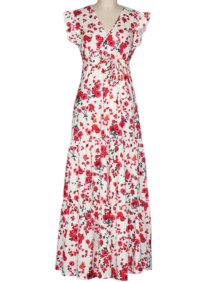 Robe Longue Pour Femmes Col V Sans Manches À Lacets Volants Plissés Imprimé Floral Maxi Extensible - Rose