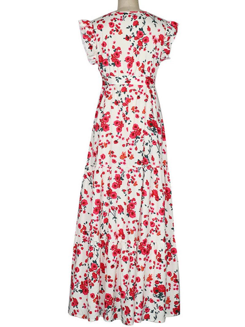 Robe Longue Pour Femmes Col V Sans Manches À Lacets Volants Plissés Imprimé Floral Maxi Extensible - Rose