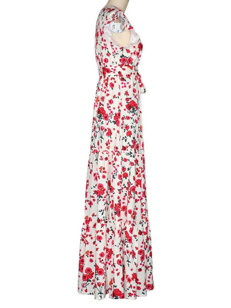 Robe Longue Pour Femmes Col V Sans Manches À Lacets Volants Plissés Imprimé Floral Maxi Extensible - Rose