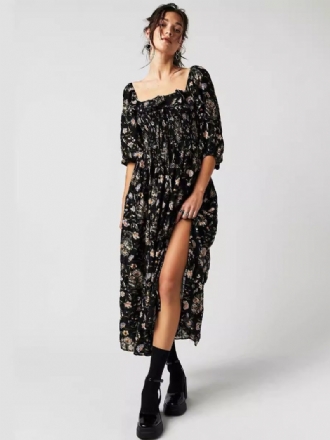 Robe Longue À Fleurs Pour Femmes Imprimé Floral Demi-manches Col Carré Chic Extensible Volants Sans Couture Ouverte Été