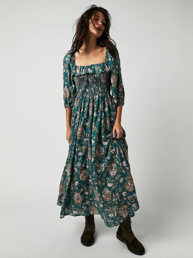 Robe Longue À Fleurs Pour Femmes Imprimé Floral Demi-manches Col Carré Chic Extensible Volants Sans Couture Ouverte Été - Vert