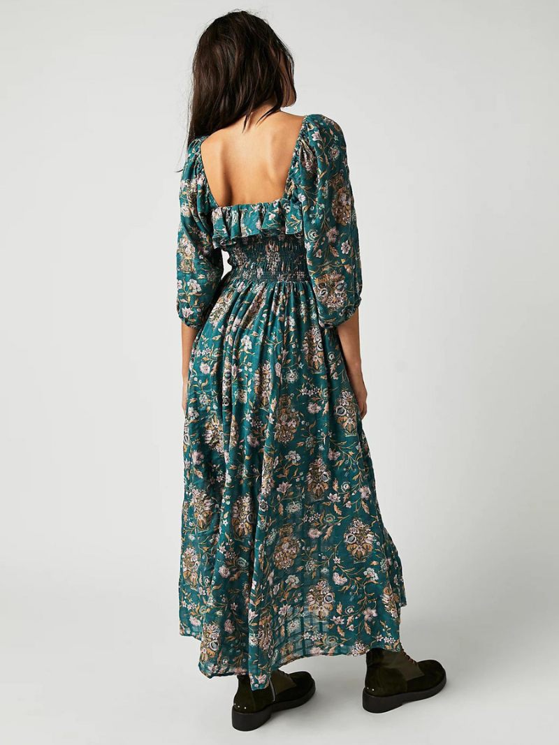 Robe Longue À Fleurs Pour Femmes Imprimé Floral Demi-manches Col Carré Chic Extensible Volants Sans Couture Ouverte Été - Vert