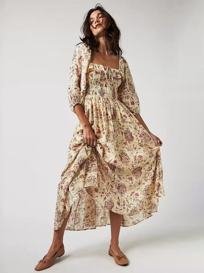 Robe Longue À Fleurs Pour Femmes Imprimé Floral Demi-manches Col Carré Chic Extensible Volants Sans Couture Ouverte Été - Jaune