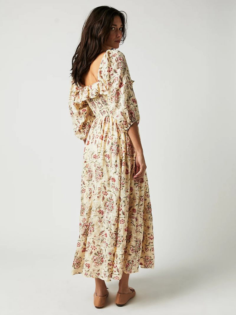 Robe Longue À Fleurs Pour Femmes Imprimé Floral Demi-manches Col Carré Chic Extensible Volants Sans Couture Ouverte Été - Jaune