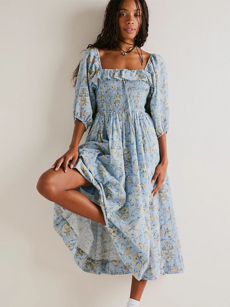 Robe Longue À Fleurs Pour Femmes Imprimé Floral Demi-manches Col Carré Chic Extensible Volants Sans Couture Ouverte Été - Bleu Ciel Clair