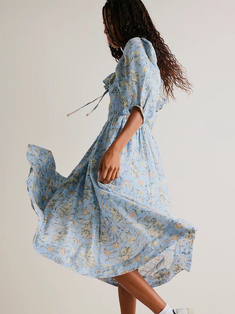 Robe Longue À Fleurs Pour Femmes Imprimé Floral Demi-manches Col Carré Chic Extensible Volants Sans Couture Ouverte Été - Bleu Ciel Clair