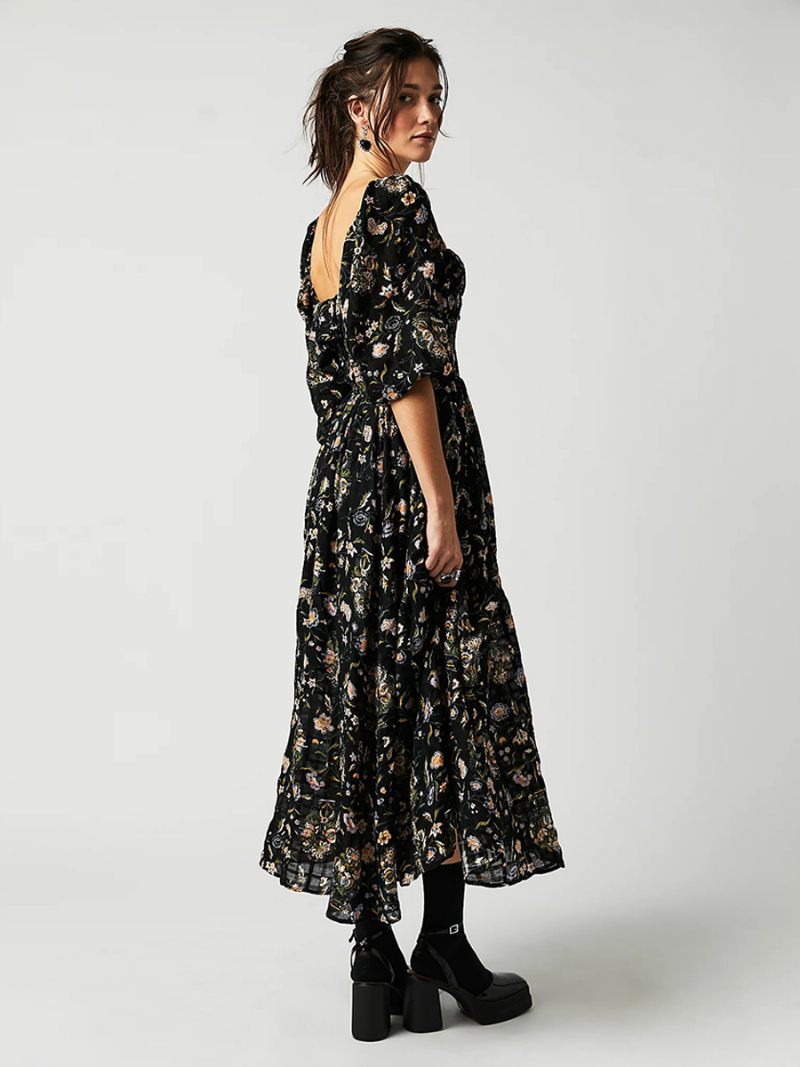 Robe Longue À Fleurs Pour Femmes Imprimé Floral Demi-manches Col Carré Chic Extensible Volants Sans Couture Ouverte Été - Noir