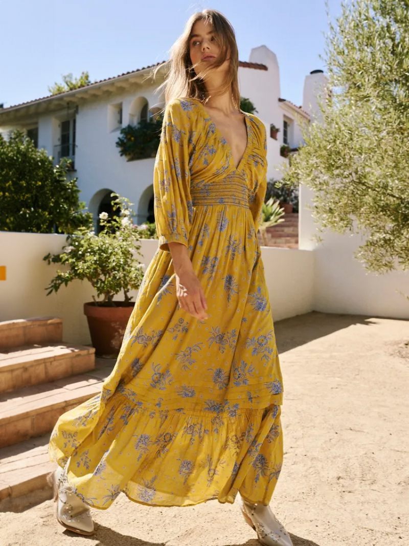 Robe Longue À Fleurs Pour Femmes Imprimé Floral Extensible Plissée Col V Demi-manches Sans Couture Ouverte Élégante Été - Jaune