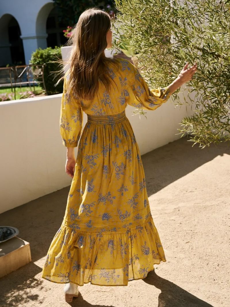 Robe Longue À Fleurs Pour Femmes Imprimé Floral Extensible Plissée Col V Demi-manches Sans Couture Ouverte Élégante Été - Jaune