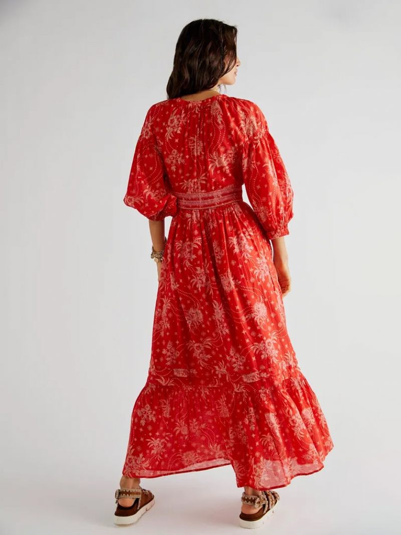 Robe Longue À Fleurs Pour Femmes Imprimé Floral Extensible Plissée Col V Demi-manches Sans Couture Ouverte Élégante Été - Rouge