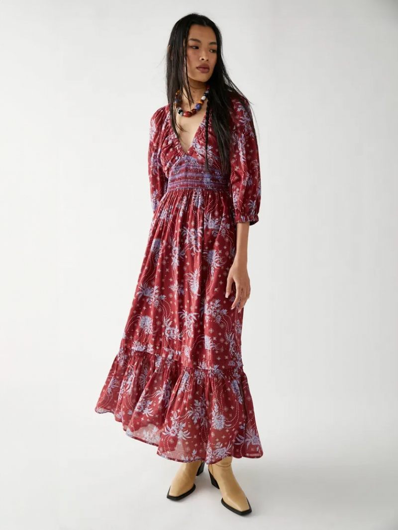 Robe Longue À Fleurs Pour Femmes Imprimé Floral Extensible Plissée Col V Demi-manches Sans Couture Ouverte Élégante Été - Bourgogne