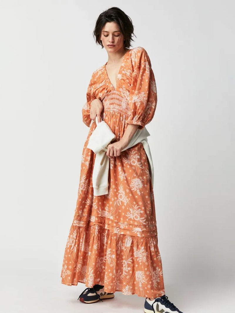 Robe Longue À Fleurs Pour Femmes Imprimé Floral Extensible Plissée Col V Demi-manches Sans Couture Ouverte Élégante Été - Orange