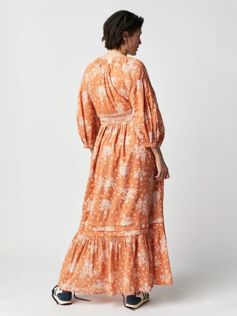 Robe Longue À Fleurs Pour Femmes Imprimé Floral Extensible Plissée Col V Demi-manches Sans Couture Ouverte Élégante Été - Orange