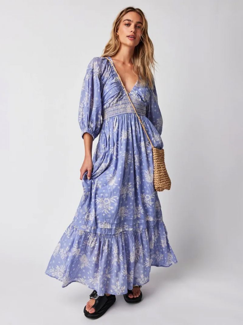 Robe Longue À Fleurs Pour Femmes Imprimé Floral Extensible Plissée Col V Demi-manches Sans Couture Ouverte Élégante Été - Bleu