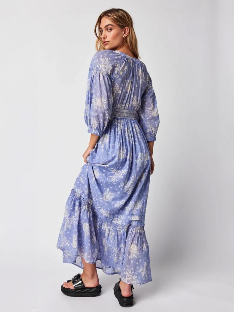 Robe Longue À Fleurs Pour Femmes Imprimé Floral Extensible Plissée Col V Demi-manches Sans Couture Ouverte Élégante Été - Bleu