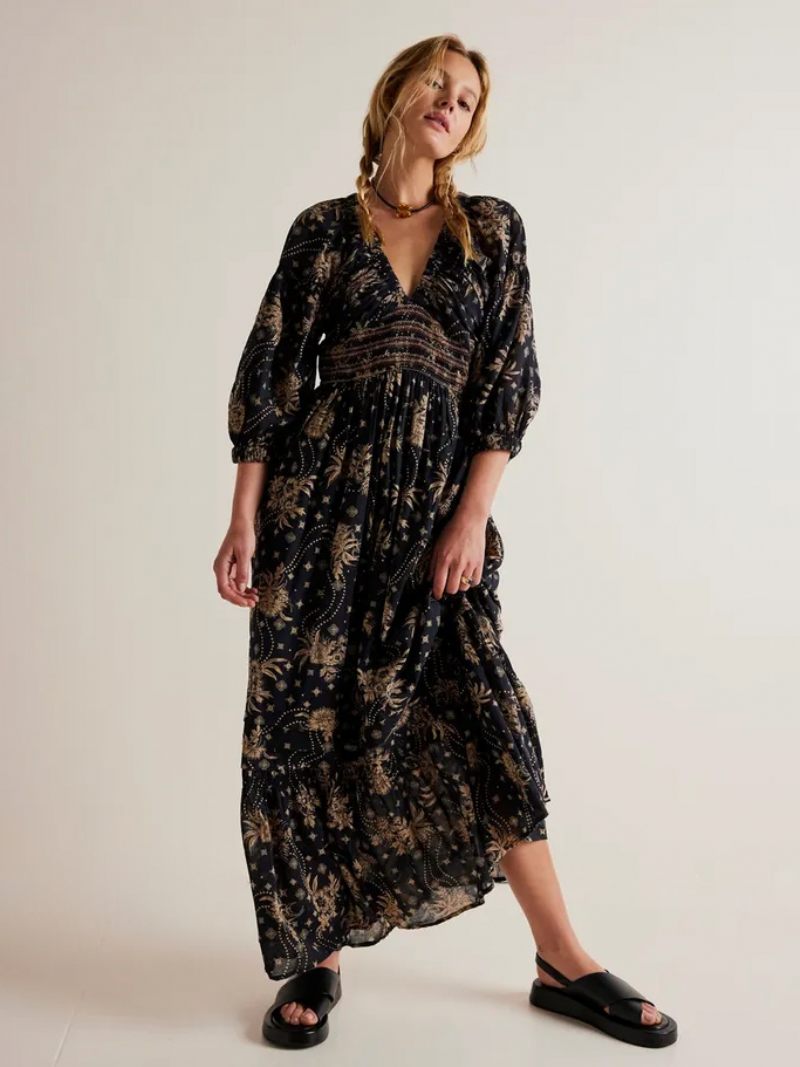 Robe Longue À Fleurs Pour Femmes Imprimé Floral Extensible Plissée Col V Demi-manches Sans Couture Ouverte Élégante Été - Noir