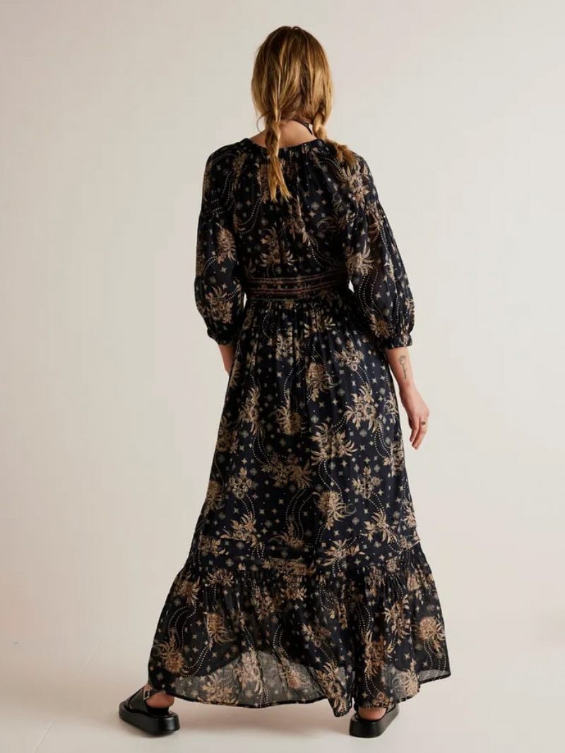 Robe Longue À Fleurs Pour Femmes Imprimé Floral Extensible Plissée Col V Demi-manches Sans Couture Ouverte Élégante Été - Noir