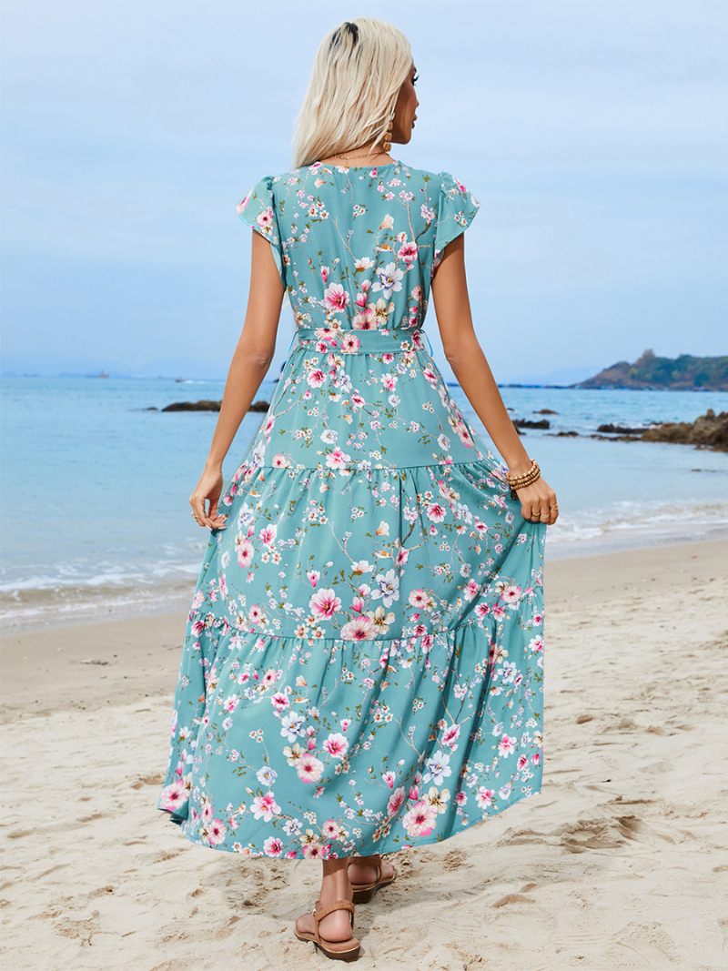 Robe Longue À Fleurs Pour Femmes Imprimé Floral Lacets Col V Manches Courtes Sans Couture Ouverte Chic Été - Sarcelle