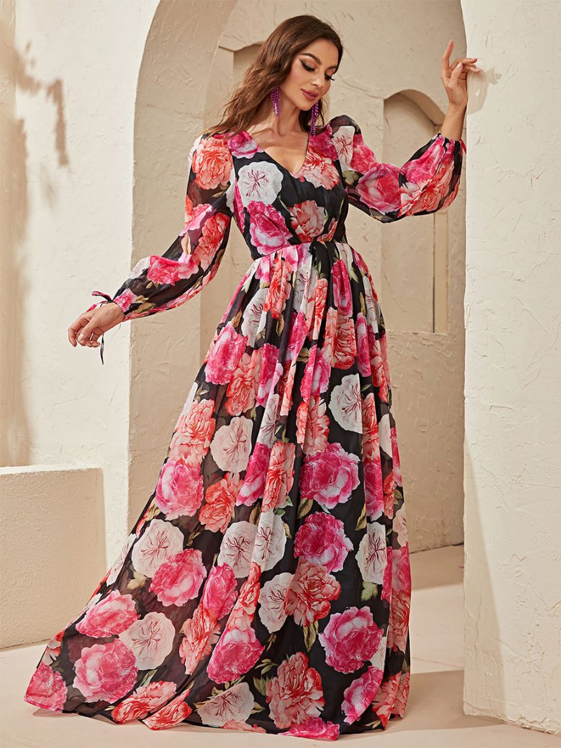 Robe Longue À Fleurs Pour Femmes Imprimé Floral Lacets Col V Manches Longues Sans Couture Ouverte Élégante D'automne