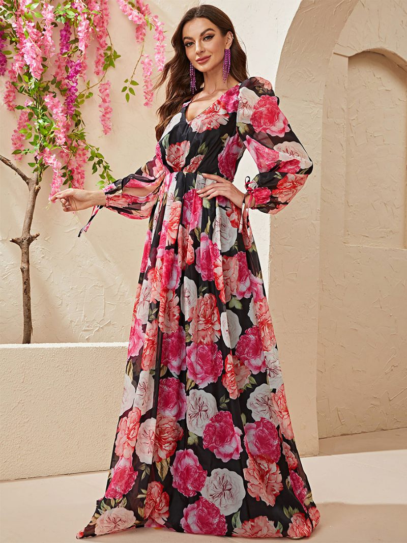 Robe Longue À Fleurs Pour Femmes Imprimé Floral Lacets Col V Manches Longues Sans Couture Ouverte Élégante D'automne - Noir