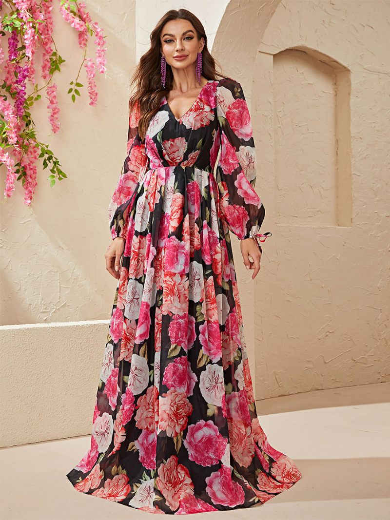 Robe Longue À Fleurs Pour Femmes Imprimé Floral Lacets Col V Manches Longues Sans Couture Ouverte Élégante D'automne - Noir