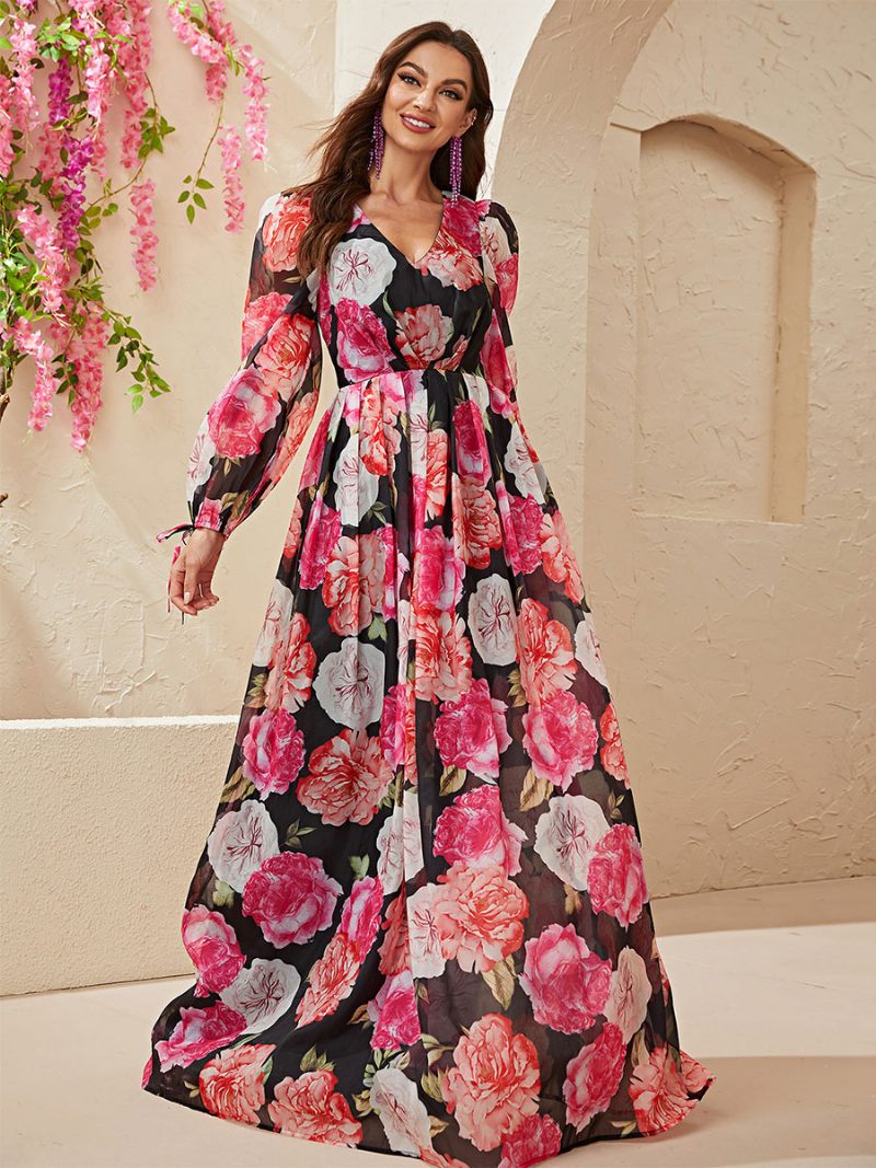 Robe Longue À Fleurs Pour Femmes Imprimé Floral Lacets Col V Manches Longues Sans Couture Ouverte Élégante D'automne - Noir