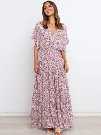 Robe Longue À Fleurs Pour Femmes Imprimé Floral Manches Courtes Col V Décontractée Extensible Sans Couture Ouverte Automne