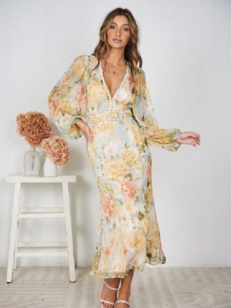 Robe Longue À Fleurs Pour Femmes Imprimé Floral Plissé Col V Manches Longues Élégante Été