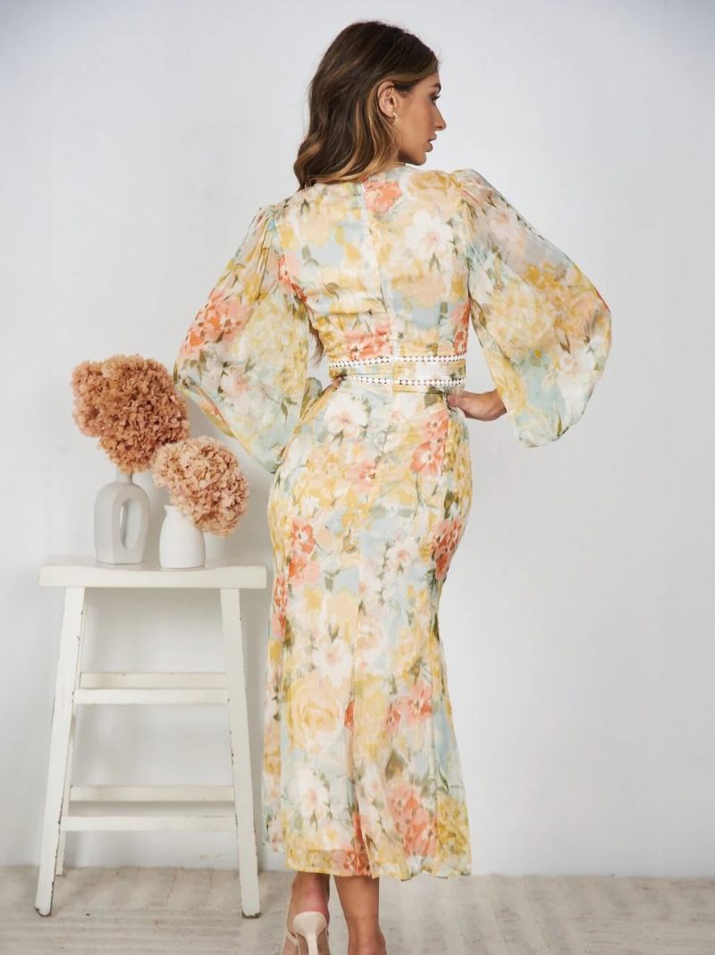 Robe Longue À Fleurs Pour Femmes Imprimé Floral Plissé Col V Manches Longues Élégante Été - Jaune