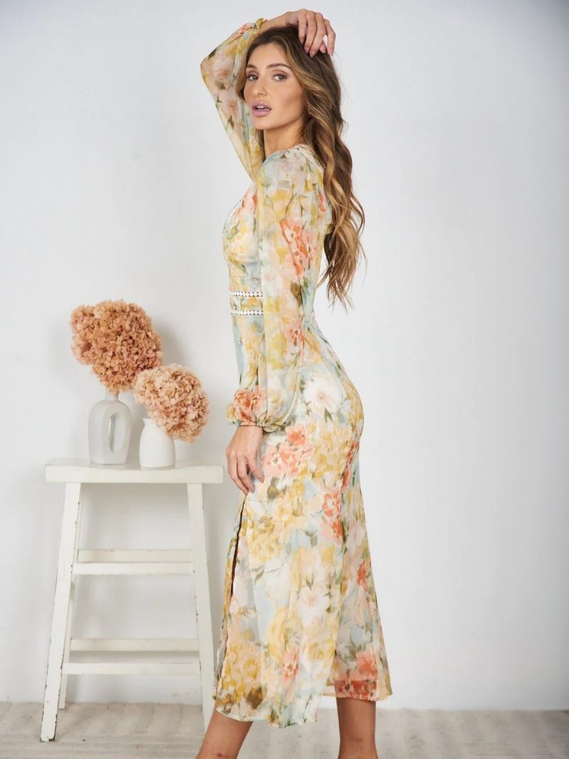 Robe Longue À Fleurs Pour Femmes Imprimé Floral Plissé Col V Manches Longues Élégante Été - Jaune