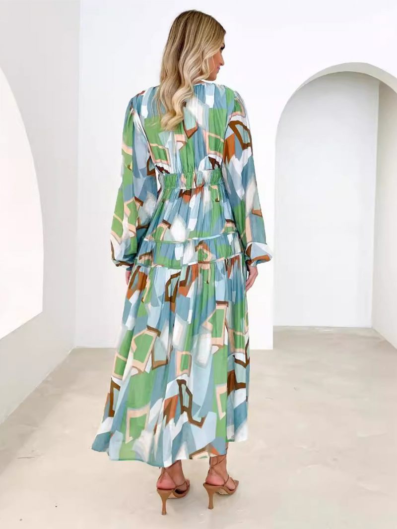 Robe Longue À Fleurs Pour Femmes Imprimé Floral Plissé Col V Manches Longues Sans Couture Ouverte Décontractée Été - Vert