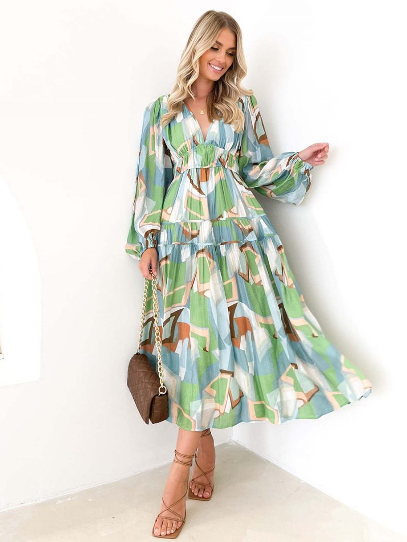 Robe Longue À Fleurs Pour Femmes Imprimé Floral Plissé Col V Manches Longues Sans Couture Ouverte Décontractée Été - Vert