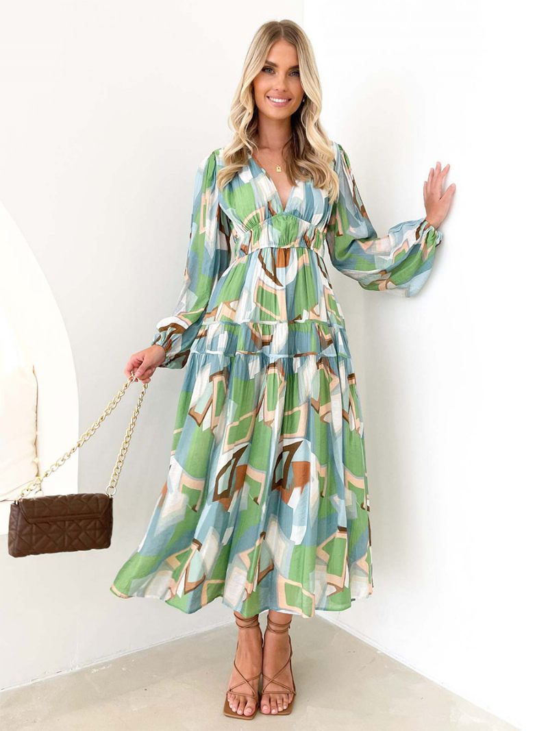 Robe Longue À Fleurs Pour Femmes Imprimé Floral Plissé Col V Manches Longues Sans Couture Ouverte Décontractée Été - Vert