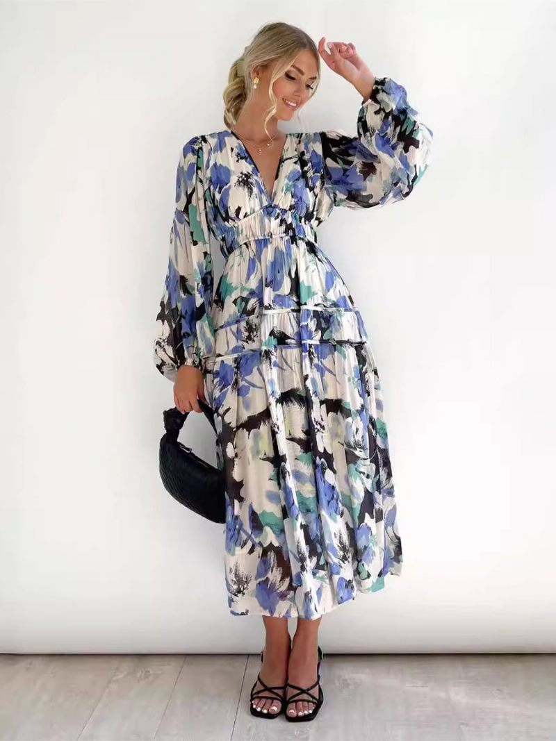 Robe Longue À Fleurs Pour Femmes Imprimé Floral Plissé Col V Manches Longues Sans Couture Ouverte Décontractée Été - Bleu