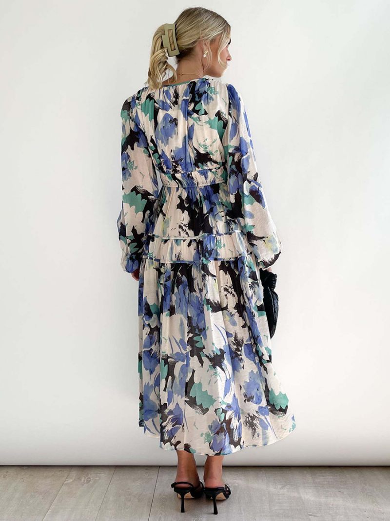 Robe Longue À Fleurs Pour Femmes Imprimé Floral Plissé Col V Manches Longues Sans Couture Ouverte Décontractée Été - Bleu