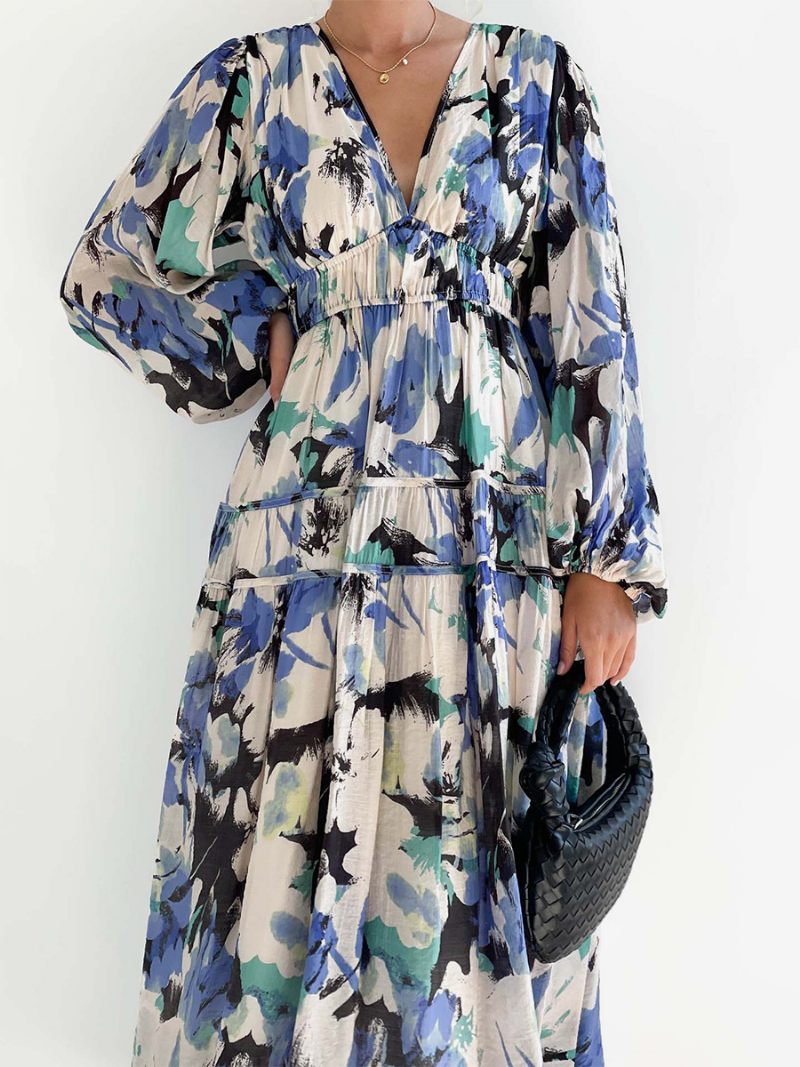 Robe Longue À Fleurs Pour Femmes Imprimé Floral Plissé Col V Manches Longues Sans Couture Ouverte Décontractée Été - Bleu