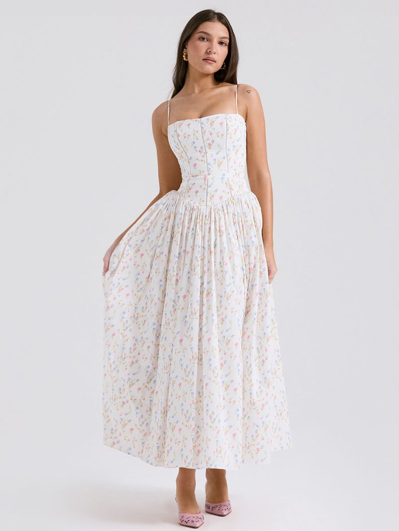 Robe Longue À Fleurs Pour Femmes Imprimé Floral Sans Manches Bretelles Cou Élégante Plissée Couture Ouverte Été