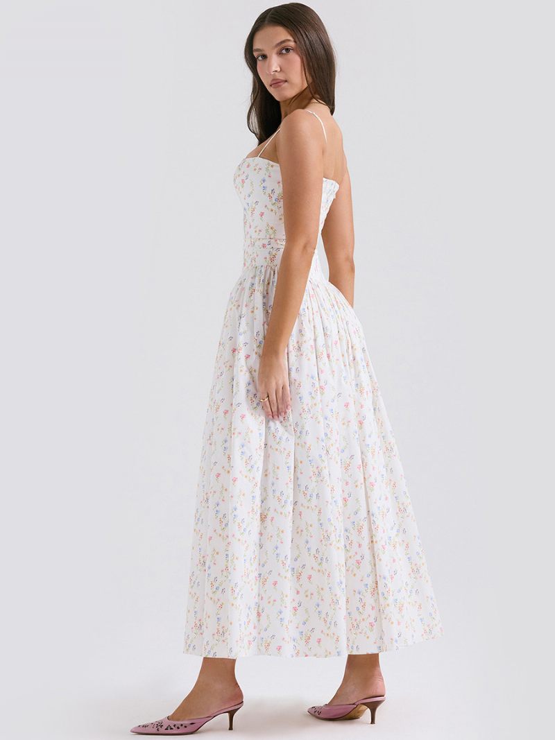 Robe Longue À Fleurs Pour Femmes Imprimé Floral Sans Manches Bretelles Cou Élégante Plissée Couture Ouverte Été - Blanc