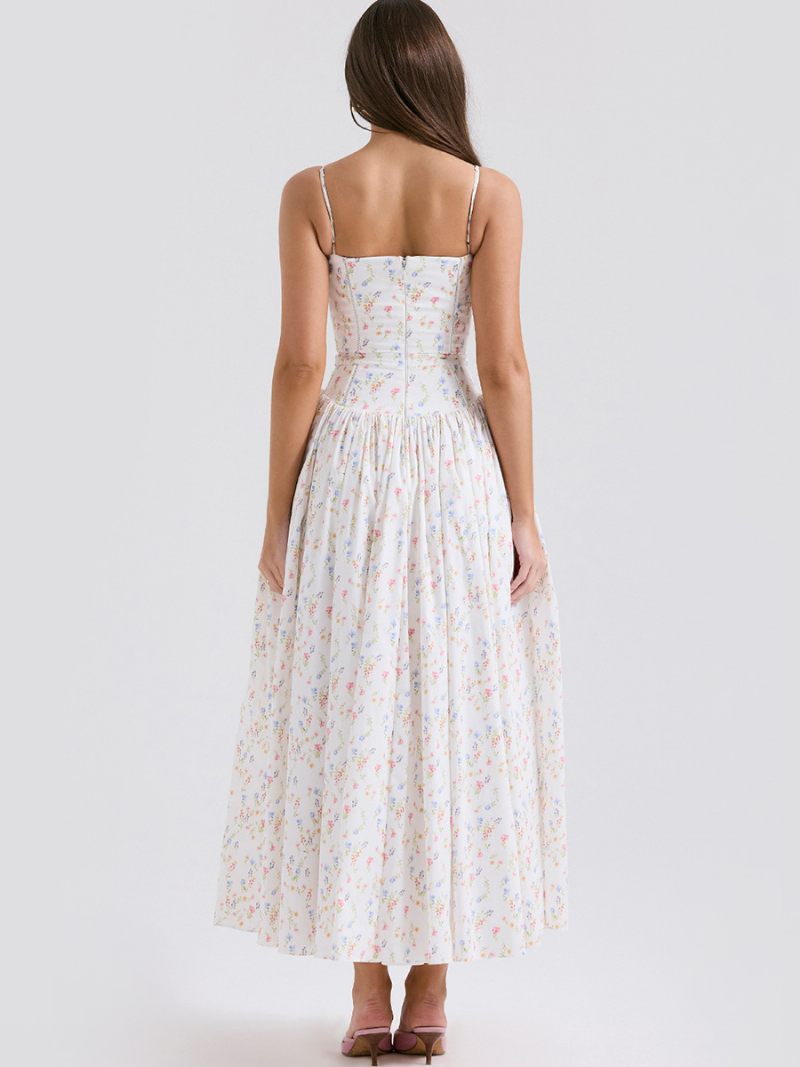 Robe Longue À Fleurs Pour Femmes Imprimé Floral Sans Manches Bretelles Cou Élégante Plissée Couture Ouverte Été - Blanc